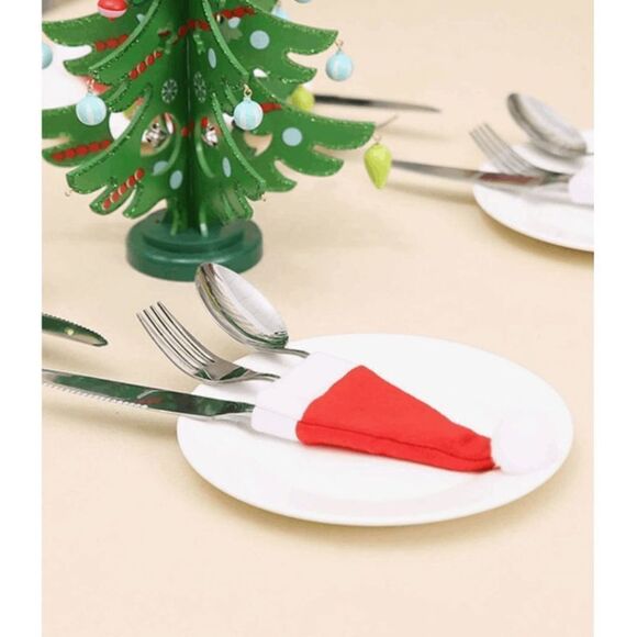 4pcs Christmas Hat Shaped Fabric Cutlery Holder, Christmas Hat Utensil Pouch - Picture 3 of 5